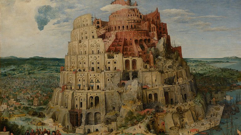 Pieter Bruguel's painting of the Biblical story of the Tower of Babel, showing a huge tower built in ascending spirals at the edge of a city.