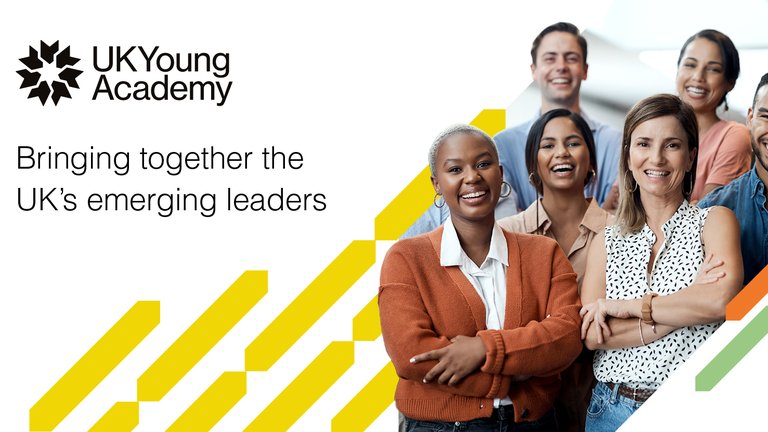 UK Young Academy logo with text reading "Bringin together the UK's emerging leaders". On the right, a diverse group of young researchers overlayed with colourful abstract shapes
