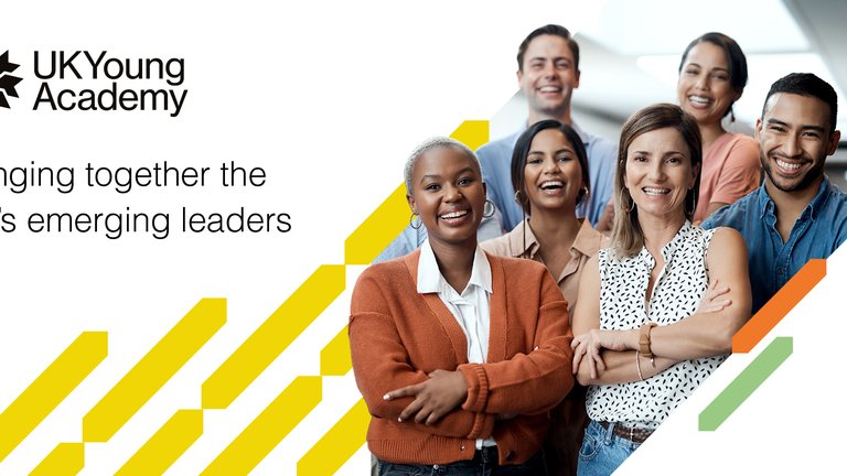 UK Young Academy logo with text reading "Bringin together the UK's emerging leaders". On the right, a diverse group of young researchers overlayed with colourful abstract shapes