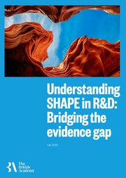 Blue cover of the 'Understanding SHAPE in R&D: bridging the evidence gap' report. Above the title is an abstract image of orange swirling topography against blue sky