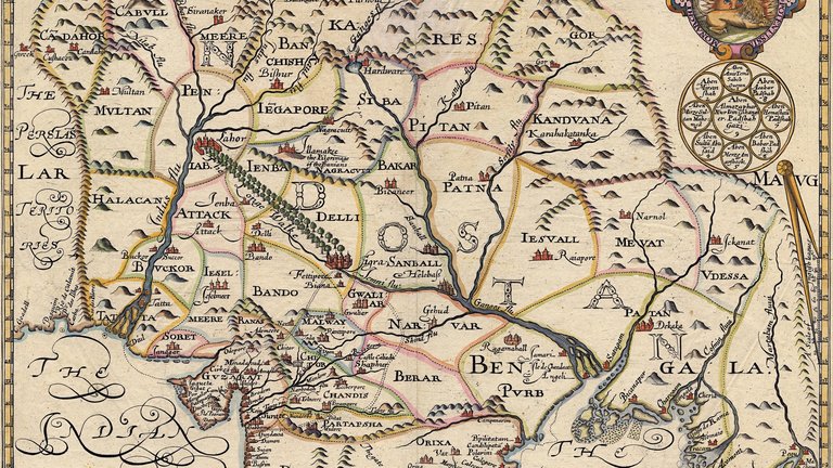Antique map of Northern India, featuring historic place names and ornate illustrations, with colourful detailing and geographical features.