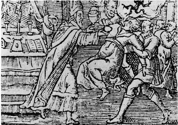 A woodcut from 1598 shows an exorcism performed on a woman by a priest and his assistant, with a demon emerging from her mouth