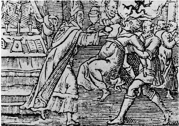 A woodcut from 1598 shows an exorcism performed on a woman by a priest and his assistant, with a demon emerging from her mouth