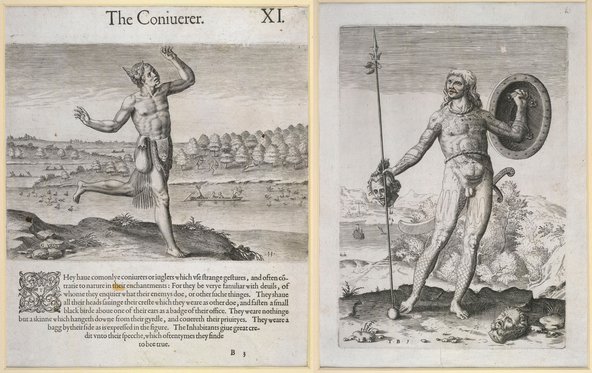 Pictures of American people like ‘The Conjurer’ (left) appeared alongside brutal images of Picts from ancient Scotland (right). Credit: Thomas Hariot, Theodor de Bry, A briefe and true report of the new found land of Virginia (1590) via The British Library