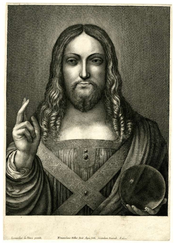 Salvator mundi etching by Wenceslaus Hollar; after Leonardo da Vinci, 1650