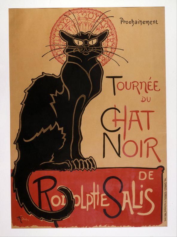 Théophile Steinlen's 1896 poster advertising a tour to other cities ("coming soon") of Le Chat Noir's troupe of cabaret entertainers