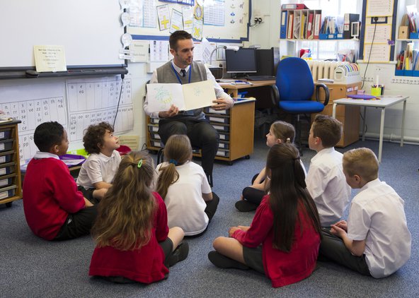 A teacher with primary school students