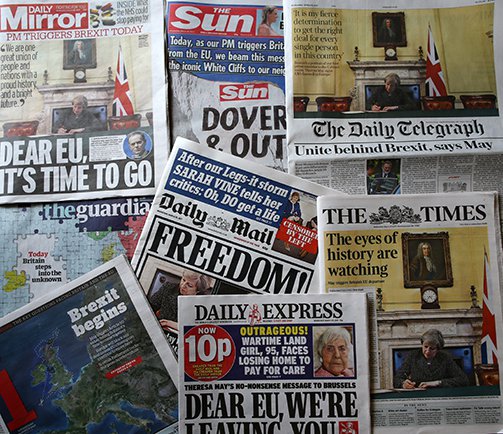 Front pages of UK newspapers on the day that British Prime Minister Theresa May triggered Article 50.