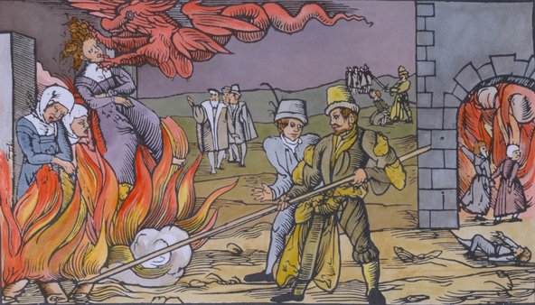 16th century woodcut with modern watercolour of three women executed as witches in Derneburg Germany (1555). Image credit: Everett Collection via Shutterstock