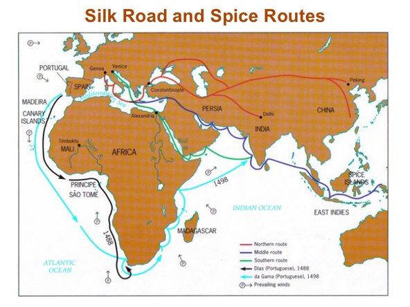 A map titled 'Silk Road and Spice Routes', showing the European, Asian and African continents with coloured lines indicating different trade routes.