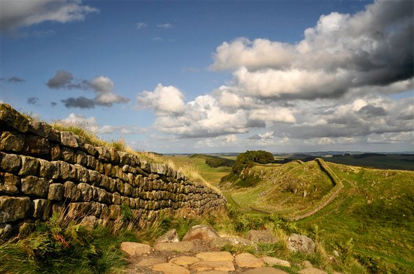 Photograph of Hadrian's Wall, a stone wall snaking into the horizon over a grassy field with blue skies above.